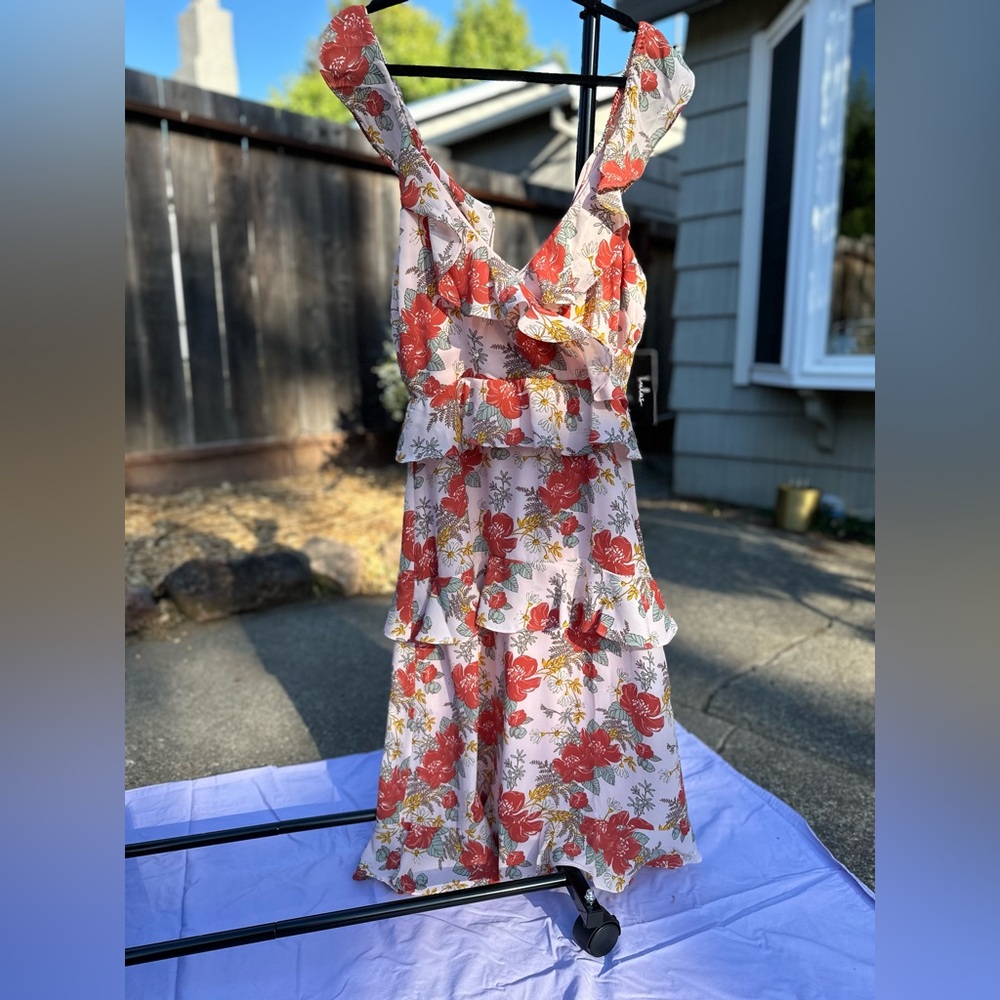 Lulu’s Fluer - EvermoreBlush Pink Floral Print Ruffled Midi Dress size L